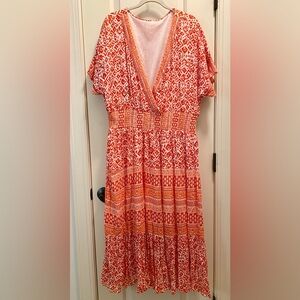Orange batik print maxi dress crossover bust apx 18” smocked waist size L